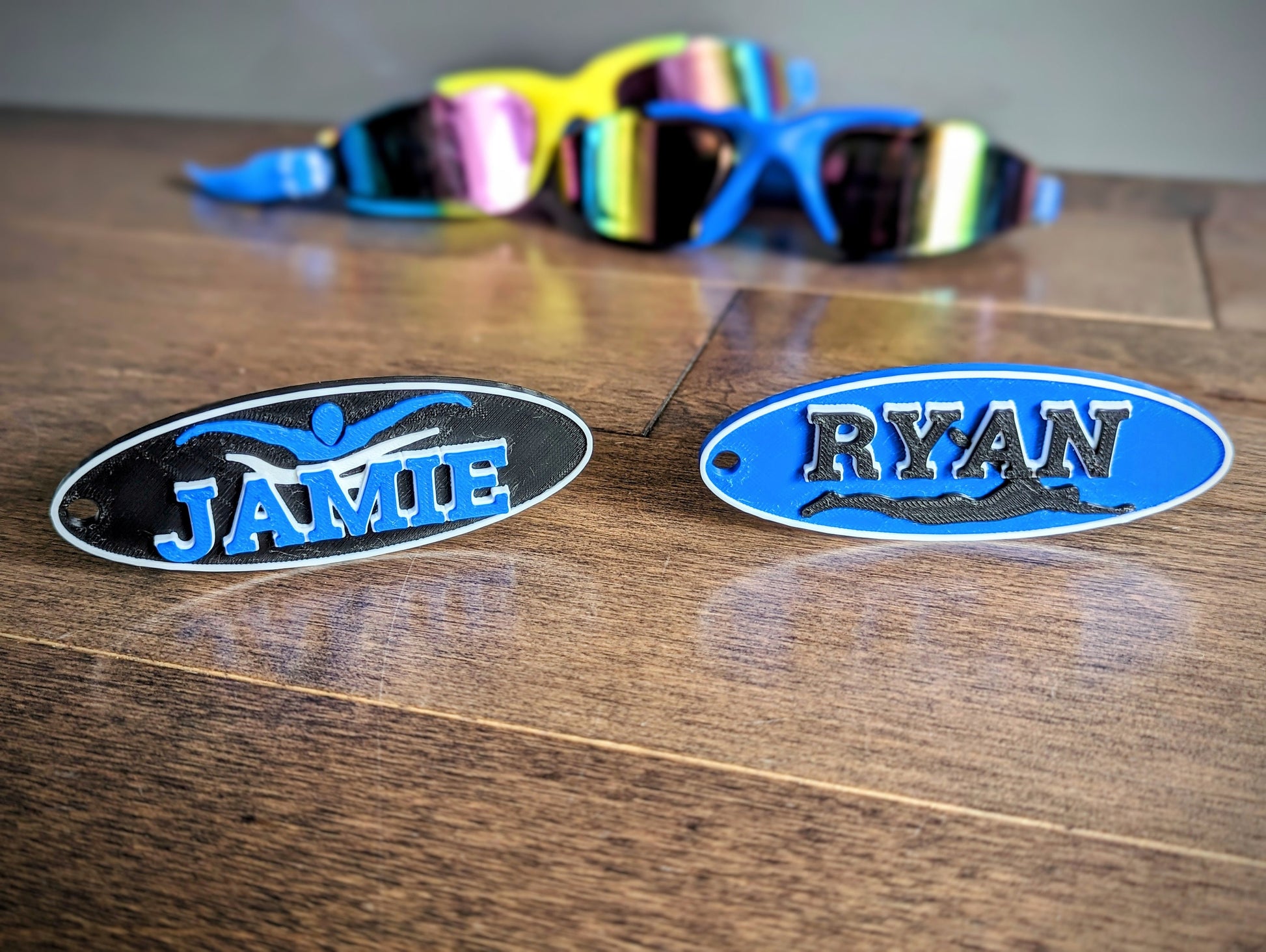 Personalized swim name / bag tag, keychain. 3 double sided models to chose from.