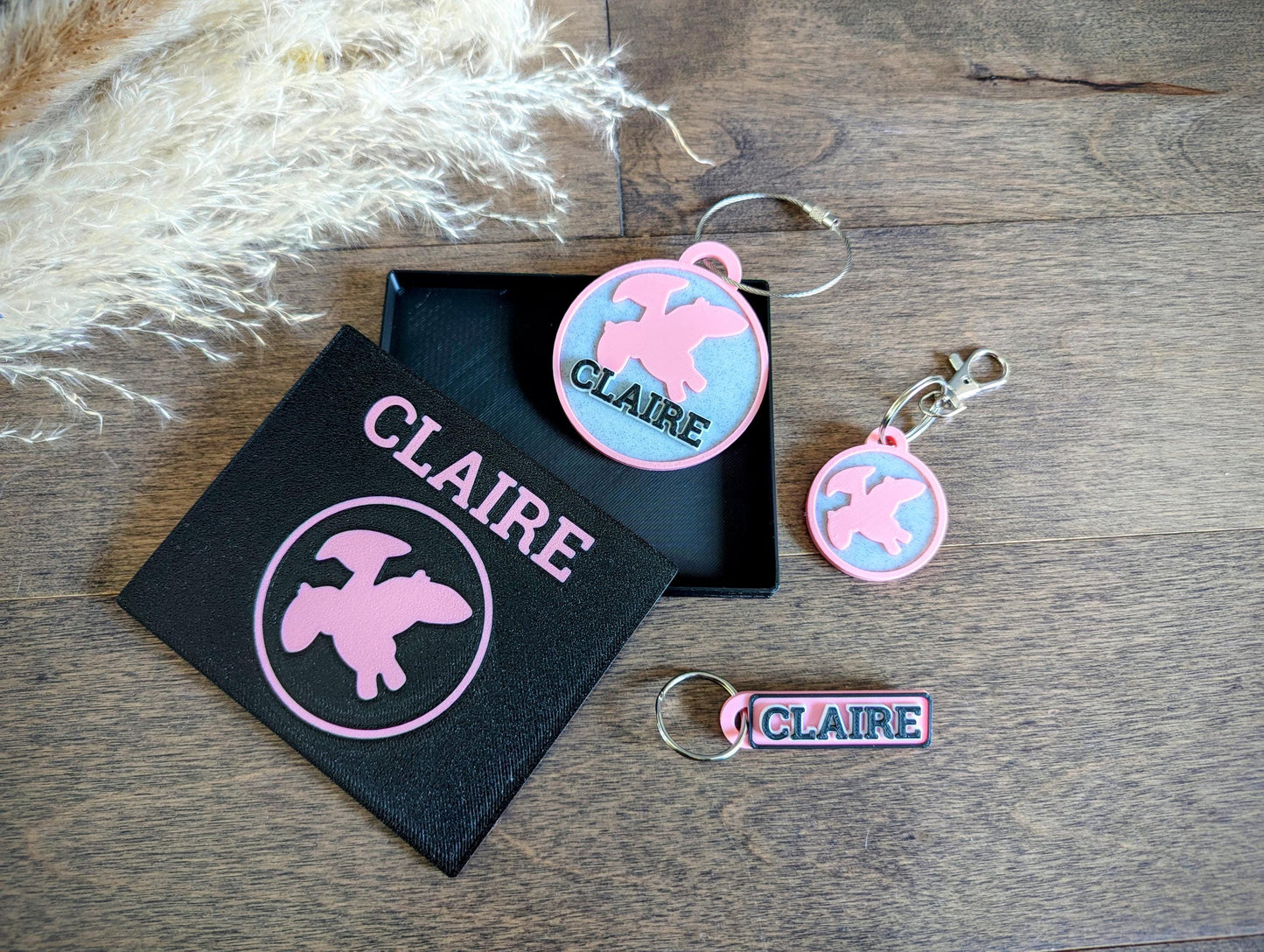 Cute dinosaur backpack name tag set. Back to school set of backpack bag tag, lunchbox name tag and a keychain / keyring charm set. Comes with a complimentary gift box.