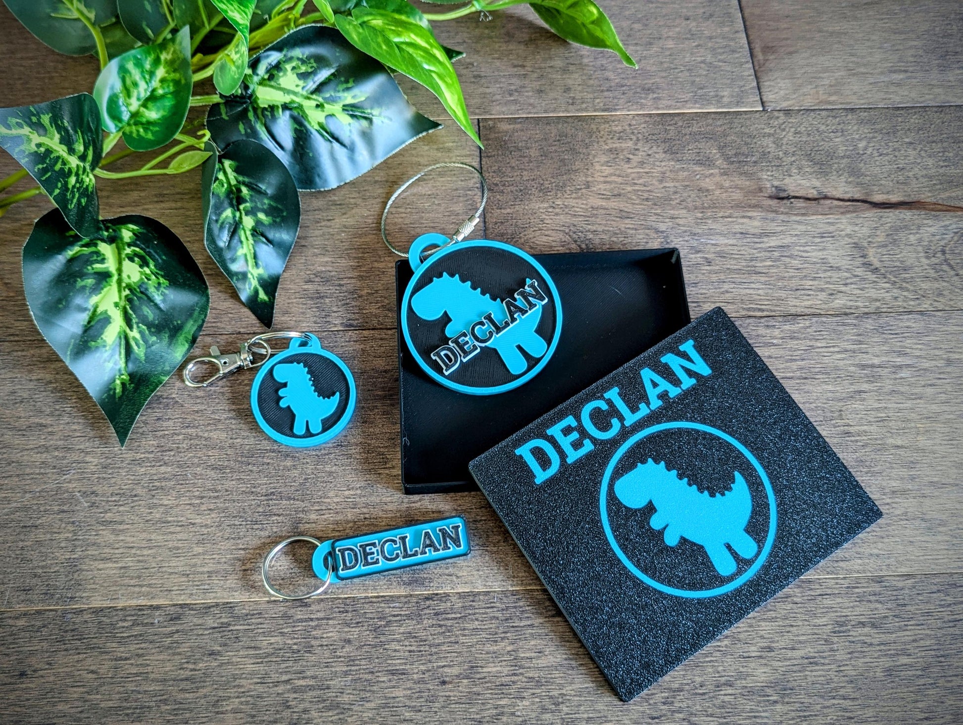 Cute dinosaur backpack name tag set. Back to school set of backpack bag tag, lunchbox name tag and a keychain / keyring charm set. Comes with a complimentary gift box.