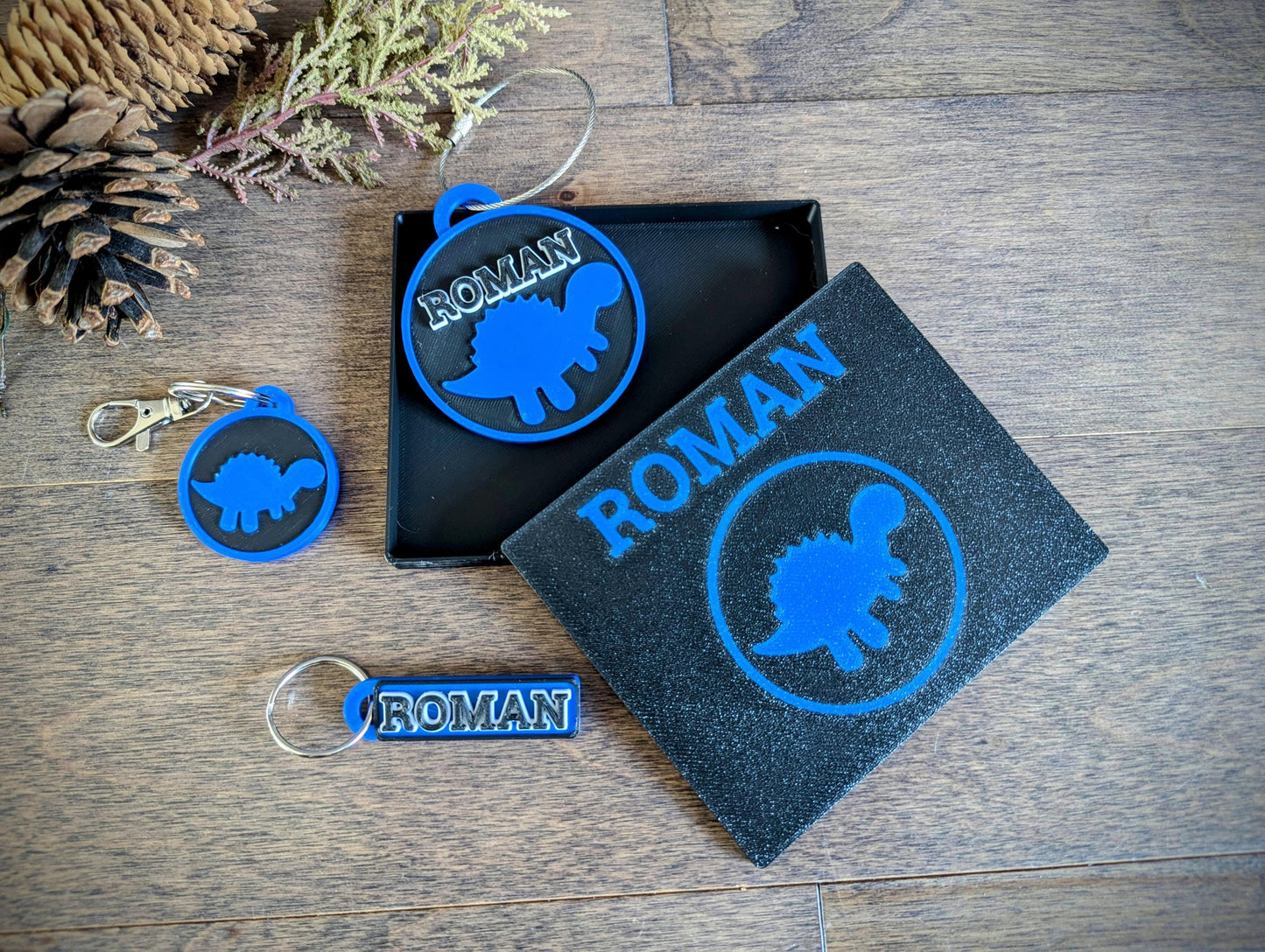 Cute dinosaur backpack name tag set. Back to school set of backpack bag tag, lunchbox name tag and a keychain / keyring charm set. Comes with a complimentary gift box.