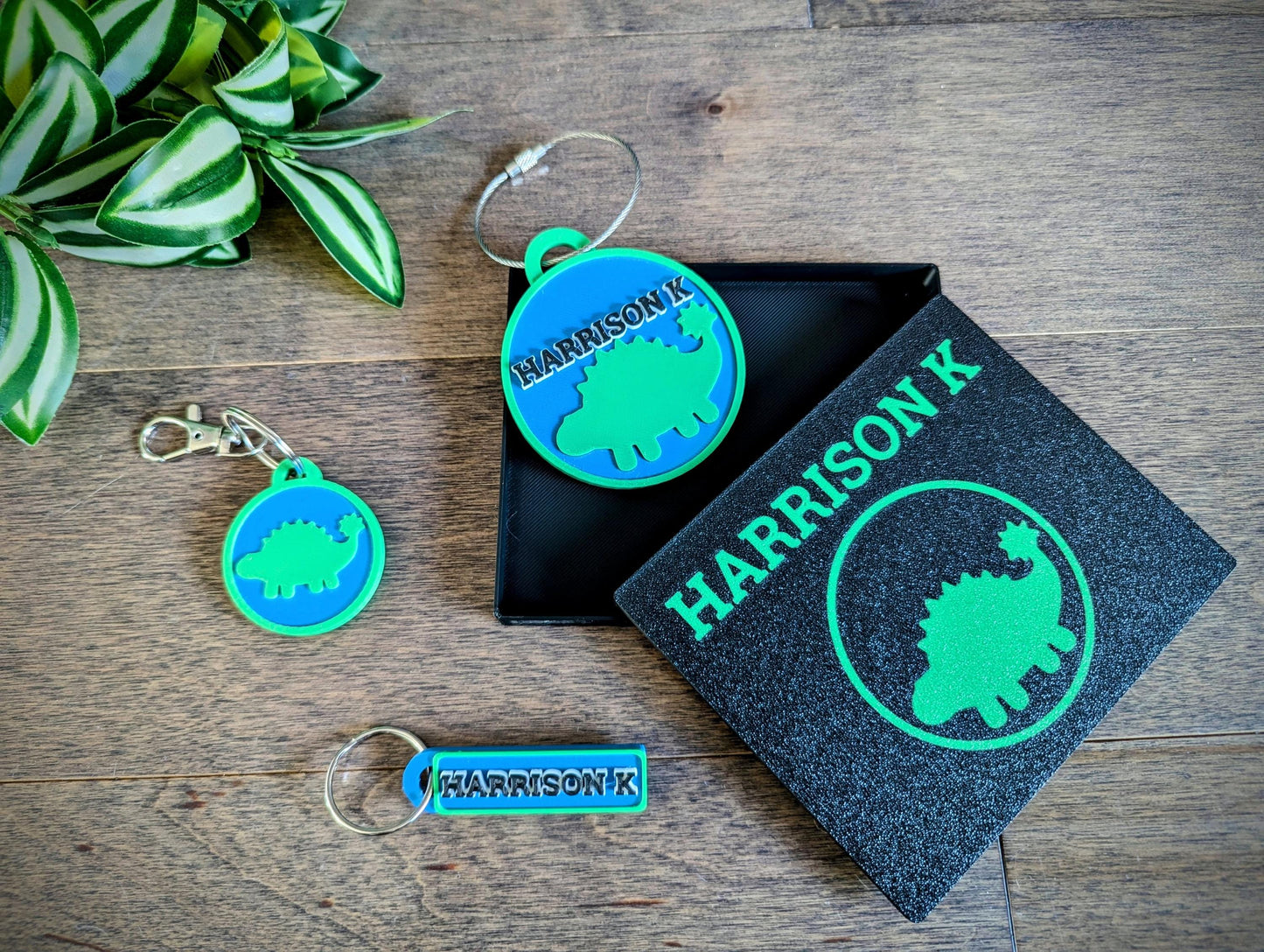 Cute dinosaur backpack name tag set. Back to school set of backpack bag tag, lunchbox name tag and a keychain / keyring charm set. Comes with a complimentary gift box.