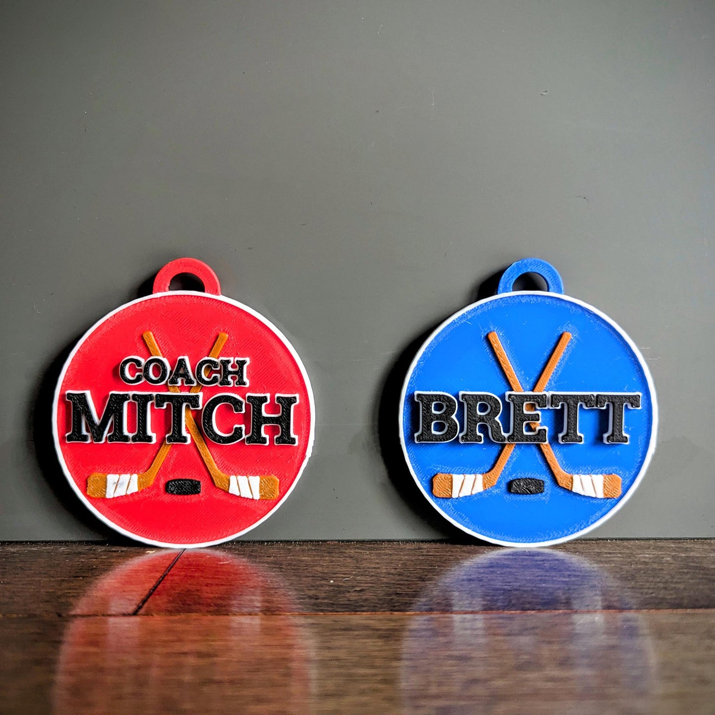 Personalized / customized double sided name tag, bag tag or keychain. Up to four colors for any team or color combo.