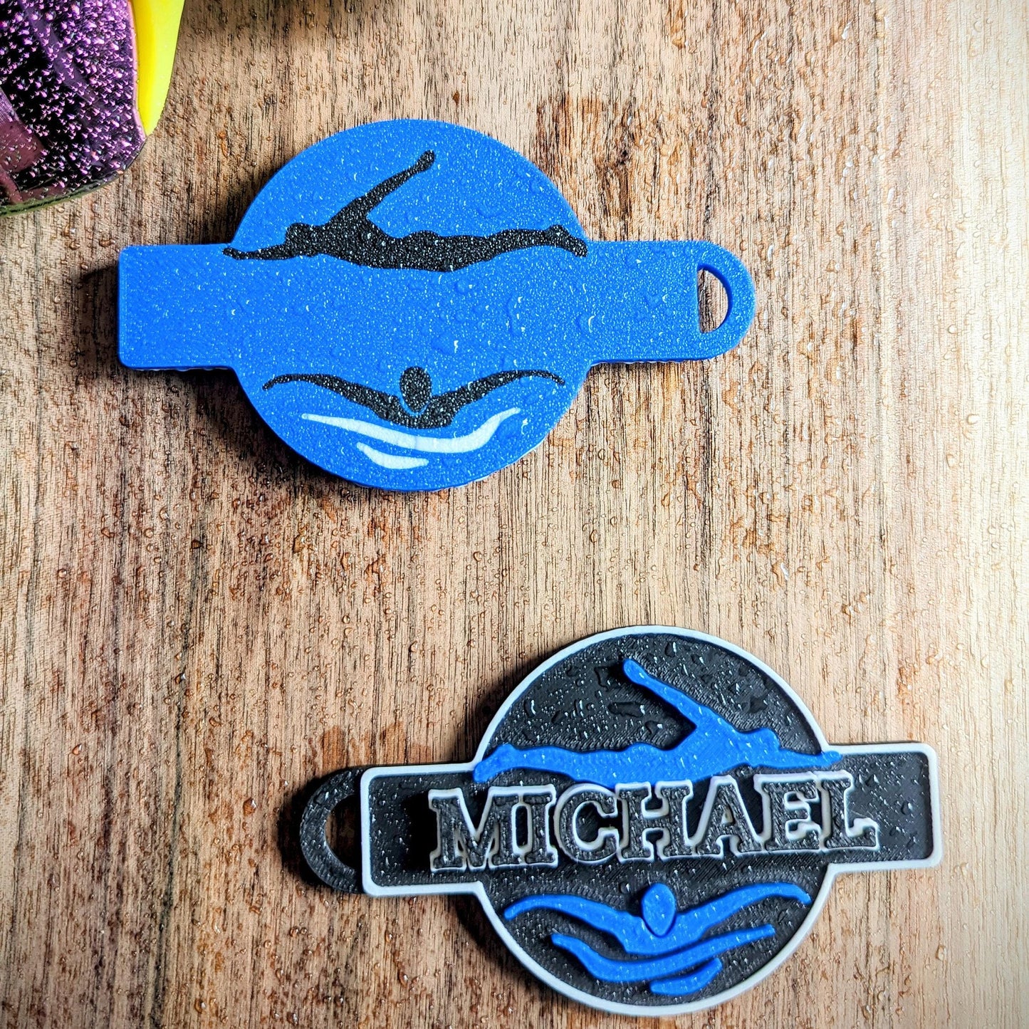 Personalized swim name / bag tag, keychain. 3 double sided models to chose from.