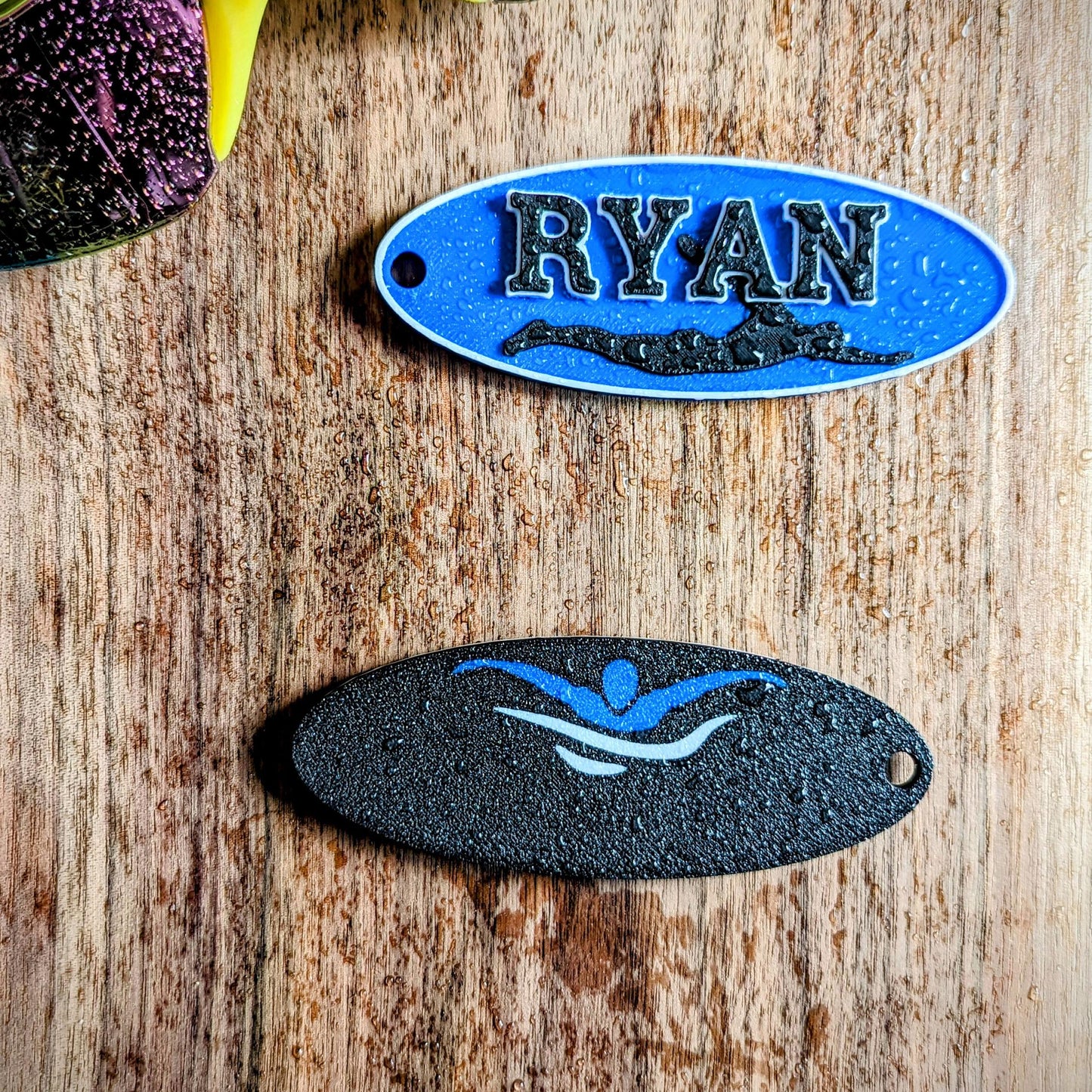 Personalized swim name / bag tag, keychain. 3 double sided models to chose from.