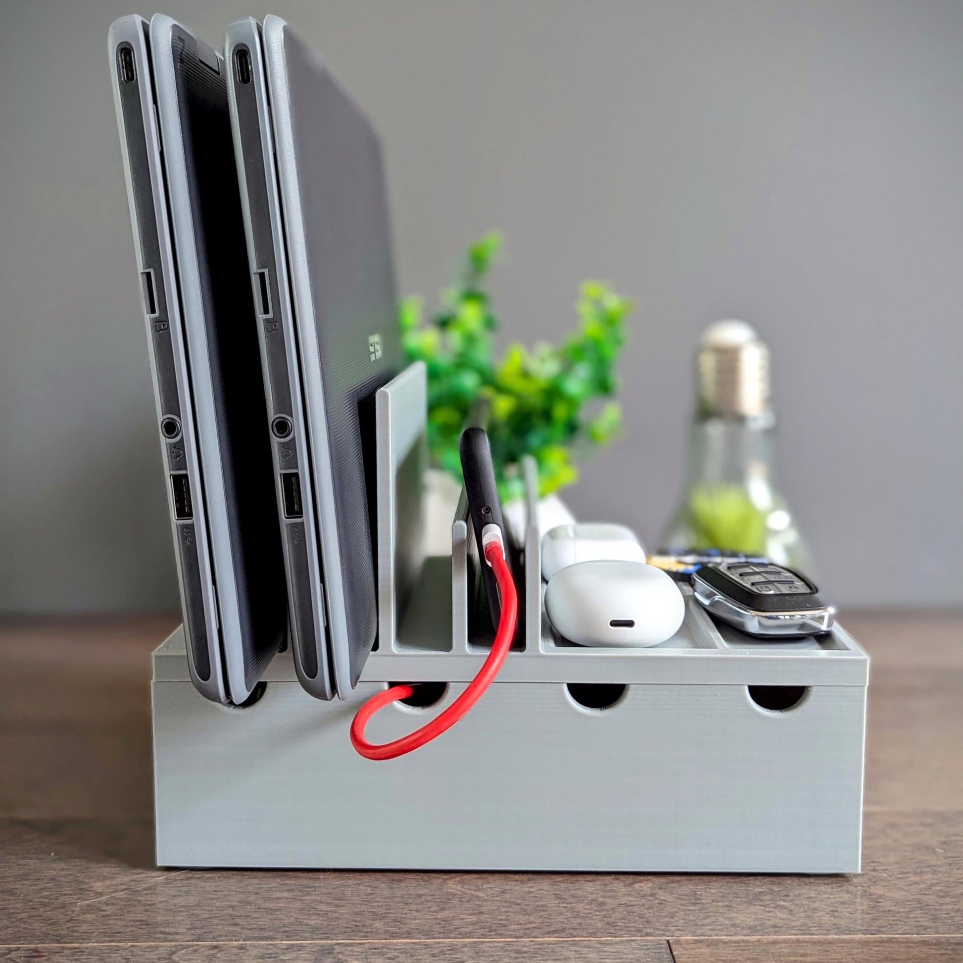 Multi Device Charging / Docking Station - Space Saving Device Organizer With Accessory Tray -Ideal for Laptops, Tablets, Phones and Ear Pods