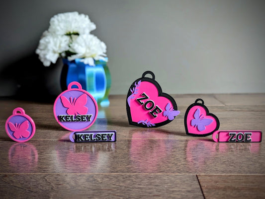 Back to school set of backpack bag tag, lunchbox name tag and a keychain / keyring charm set. Comes with a complimentary gift box.