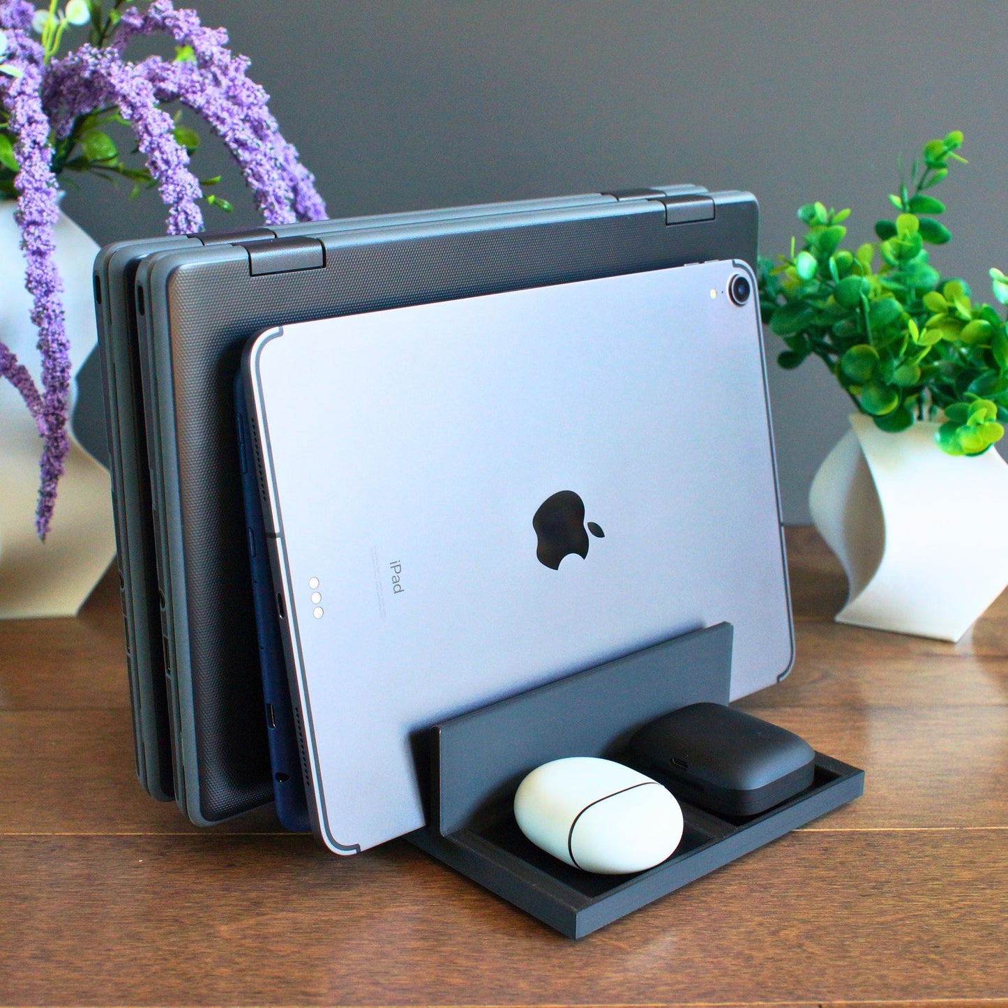 Multi-device stand, perfect for vertically organizing laptops, tablets, phones etc.