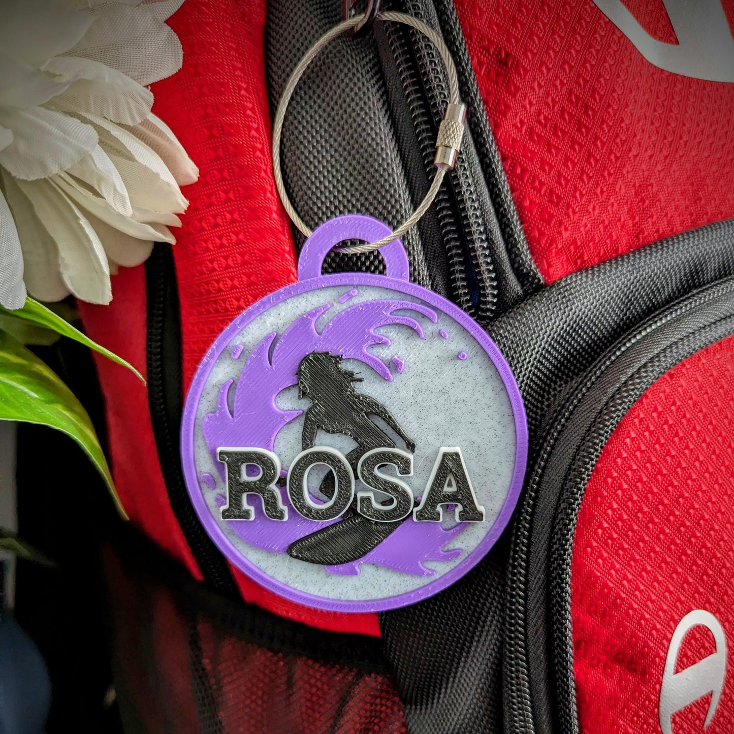 Premium personalized double sided 3D surfing / beach keychain / name tag or bag charm. Choose up to 4 colors or a unique gift.