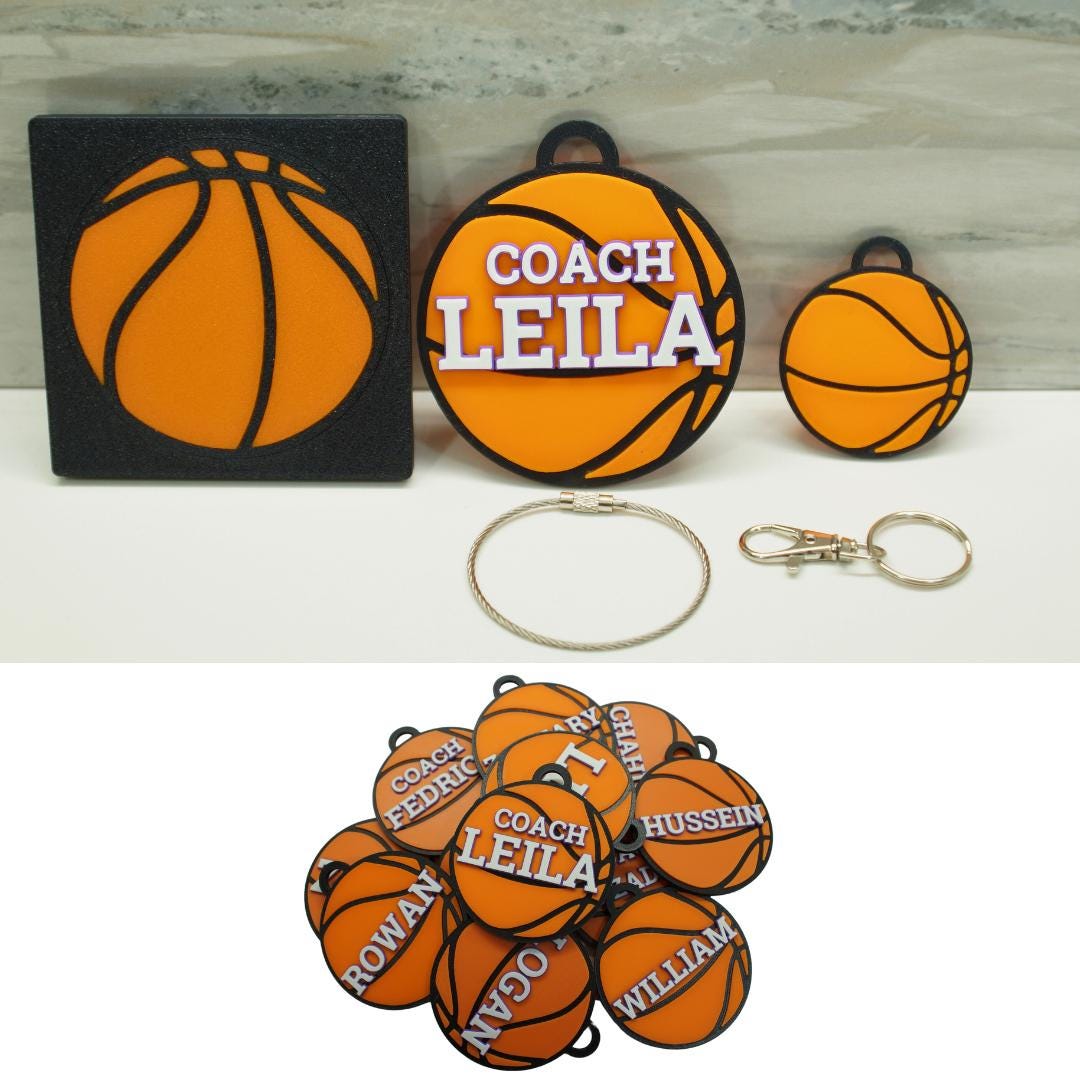 Personalized Basketball Keychain Set - Custom Team Gift With a Custom Premium Double Sided 3D Name / Bag Tag Charm